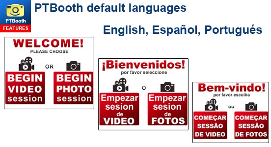 PTBooth custom photo booth software available in English, Español, Portugués
